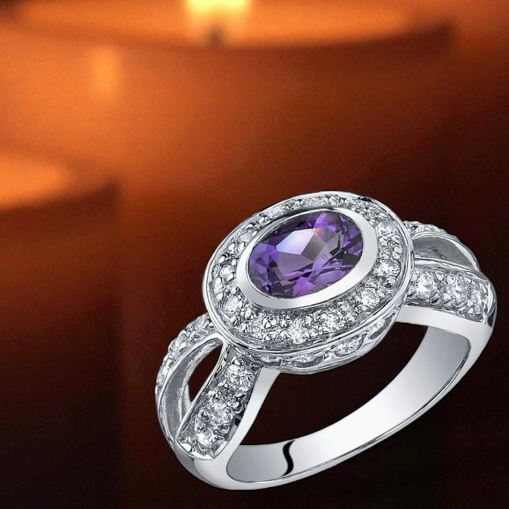 Sterling Silver Purple Oval Halo Ring with Clear Accent Stones